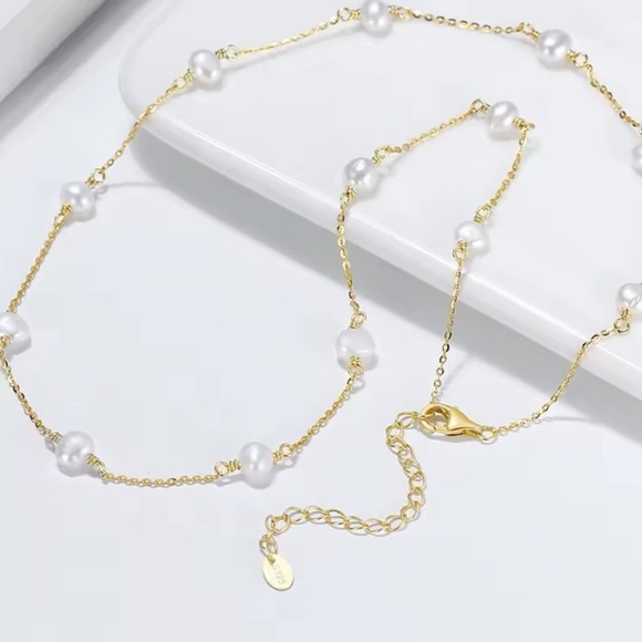 Pearl Choker Necklace, 14K Gold Plated Natural Baroque Pearl 925 Sterling Silver - Picture 5 of 5